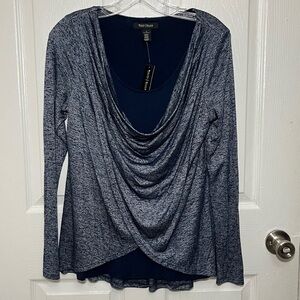 NWT WHITE HOUSE BLACK MARKET Heather Blue Navy Long Sleeve Cowl Neck Top | small